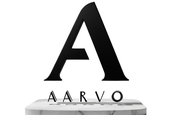Black 'A' logo on a marble base with 'AARVO' text below on a white background